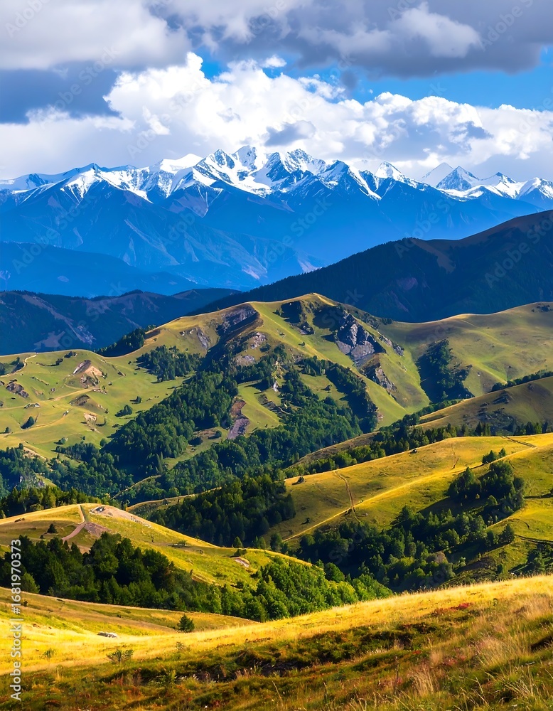 Naklejka premium Picturesque vista of rolling hills and majestic snow-capped mountains under a vibrant sky.
