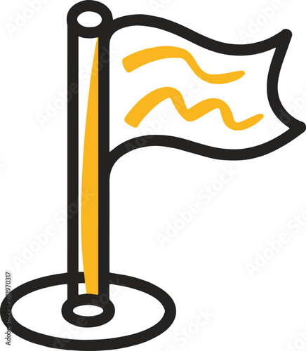 A waving flag on a pole, isolated on white background, symbolizing achievement, success, goals, and navigation, suitable for travel, tourism, and competition themes