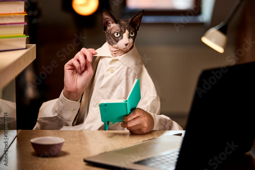 Foto Sphynx cat with notebook looking curious in office study setup