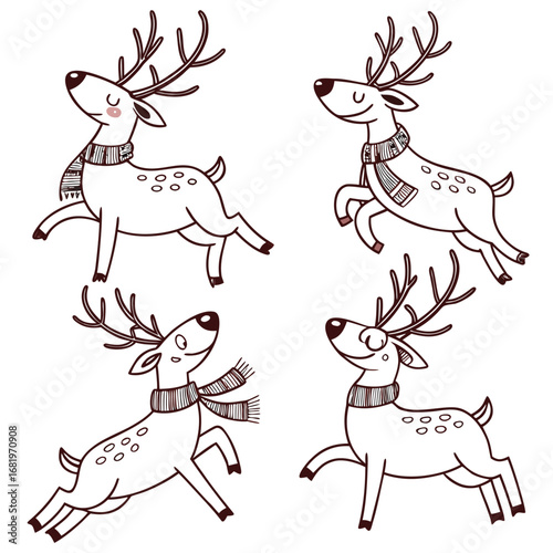 Four playful cartoon reindeer with scarves in different jumping poses on a white background