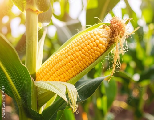 Close-Up of Corn Plant with Green Leaves and Yellow Cob – Argentinian Farmland