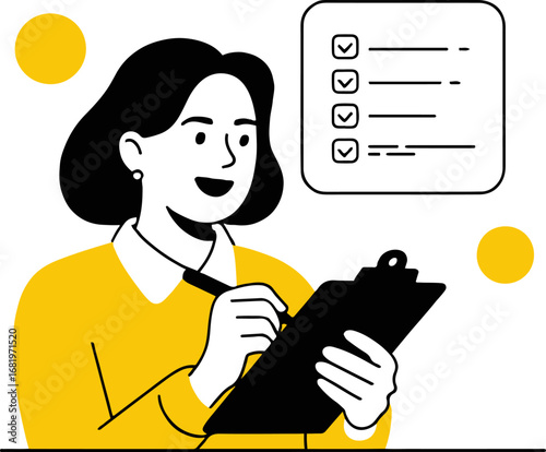 Illustration of a woman is filling out a checklist on a clipboard with a pen, isolated on white background