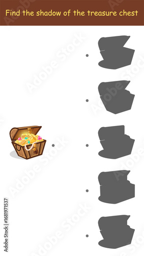 Find the shadow of the treasure chest. Maze game. Open chest with gold coins, gems, jewelry. Cartoon vector illustration for children's entertainment, activity book.