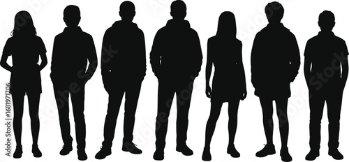  A diverse group of young urban men and women silhouettes standing together, in casual attire, a full-length vector graphic illustration on a clean white background.
