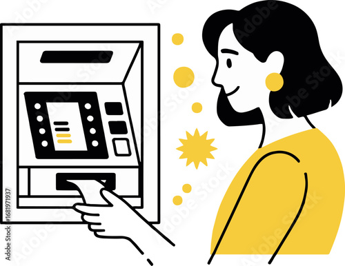 Illustration of a woman using an atm machine for banking transactions, isolated on white background the image represents financial services, cash withdrawals, and modern banking technology
