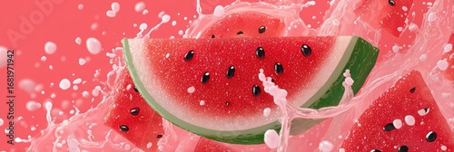 Minimalist watermelon slices splashing in refreshing agua fresca, vibrant summer drink concept with bright colors and dynamic water droplets creating a lively atmosphere