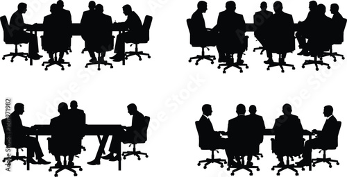Business meeting silhouettes, corporate teamwork discussion, people sitting at conference table, office collaboration scene, vector illustration, communication concept