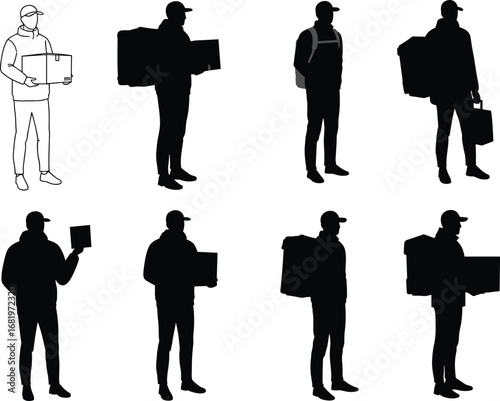 Delivery man silhouette holding packages, courier service vector, food delivery, shipping illustration