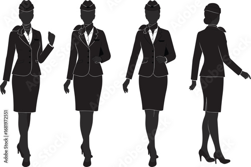 Female flight attendants in uniform silhouette, standing and walking, airline stewardess vector illustration set art