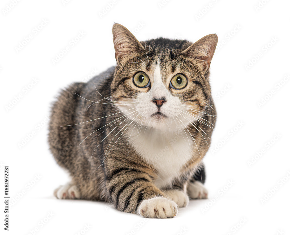 Fototapeta premium European shorthair cat crouching and looking up with surprise