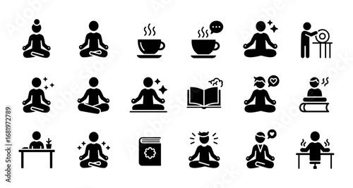 Yoga and wellness icons featuring meditation, reading, and coffee in simple black silhouette style