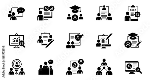 Business meeting, education, and document icons in modern silhouette design
