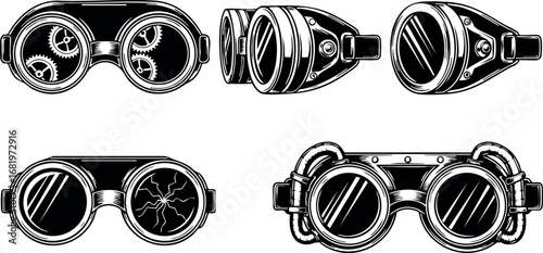 Vintage steampunk goggles set with detailed lenses and straps vector illustration 