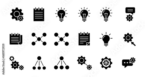 Silhouette business icons set with lightbulbs and gear symbols for creativity and innovation