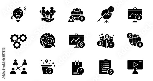 Silhouette icons for global business, finance, and data analysis concepts