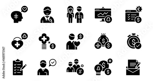Silhouette medical and financial icons set: healthcare, finance, business, communication concepts
