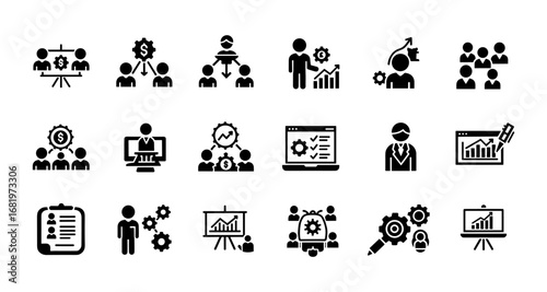 Business and teamwork icons set featuring growth and analytics in black silhouette style