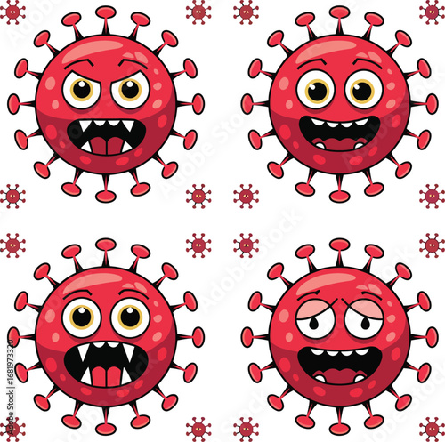 Cartoon red virus characters with different facial expressions, funny germ and bacteria illustration
