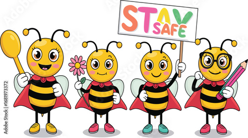 Cute cartoon bees vector characters with wings and capes holding flower spoon pencil and stay safe sign
