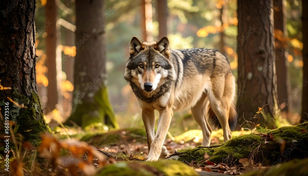 Fototapeta premium A wolf in an autumn forest, bathed in sunlight