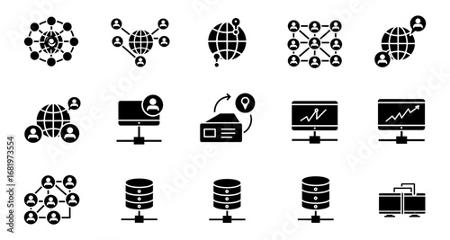 Set of network and data connection icon silhouettes for technology integration