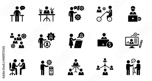 Business and teamwork silhouettes: office collaboration and strategy icons