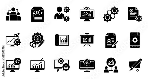 Business infographic icons set featuring charts, graphs, and management concepts in bold silhouette design