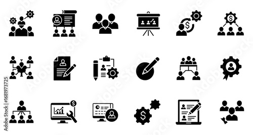 Business teamwork and management icons in silhouette style