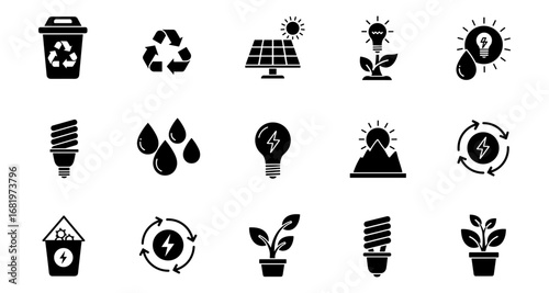 Eco-friendly energy icons: renewable sources and sustainable practices