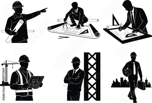 Silhouettes of Architects and Engineers Working on Construction Plans, Building Design and Site Supervision Vector Set