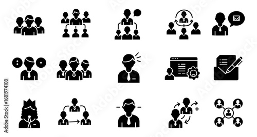 Silhouette icons of team management and communication for business
