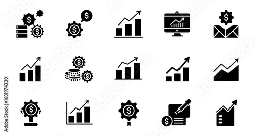 Business growth icons set: trend, finance, and analytics symbols in black silhouette