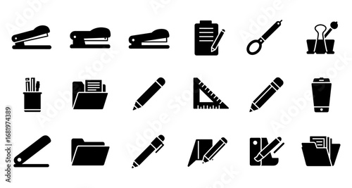 Silhouette office supplies icons: essential tools for workspace organization