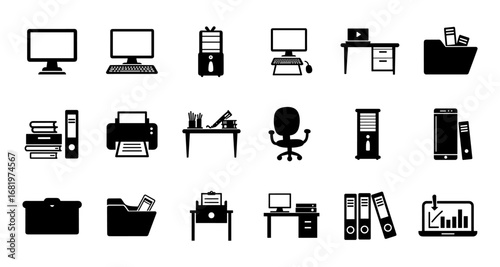 Black and white silhouette icons of office equipment and furniture for digital use
