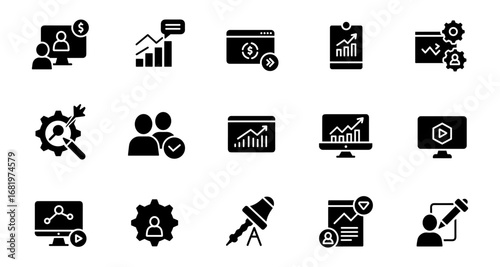 Business analytics and financial data management icons in bold silhouette style