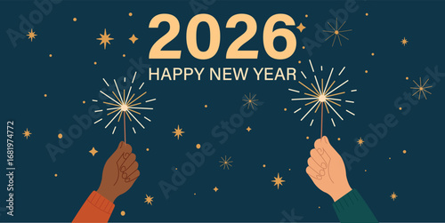 Happy New Year 2026 Celebration with Hands Holding Sparklers and Fireworks