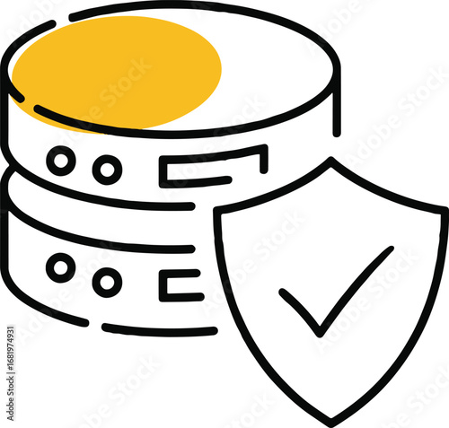 Vector art of database security icon with shield and check mark, representing data protection and cybersecurity