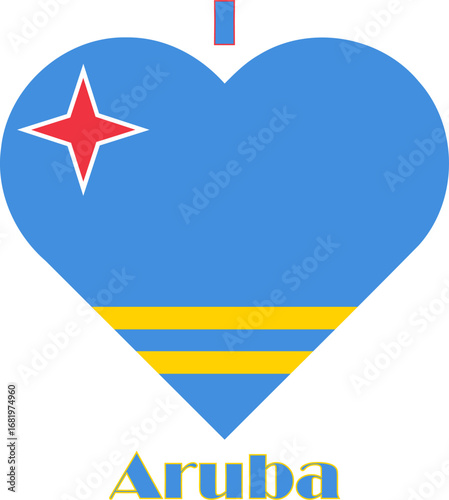 Vector graphic of I Love Aruba flag. Comprised of the words I, a heart containing the Aruba flag and the word Aruba