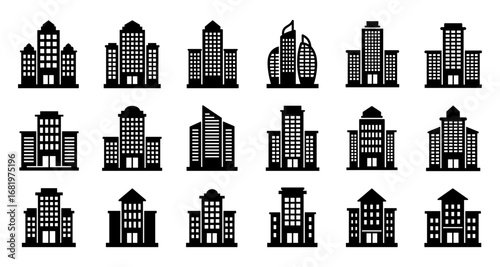 Set of urban building silhouettes in modern cityscape design