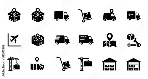 Efficient delivery icons set featuring transportation and logistics elements