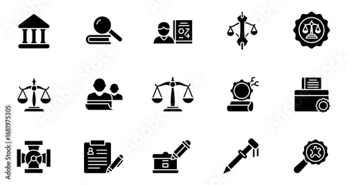 Legal and justice icons set: simplified silhouette style for law themes