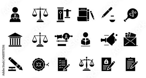 Legal and justice icons collection for professional use in silhouette style