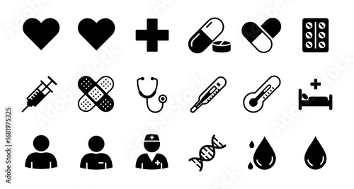 Healthcare icon set: medical symbols including heart, cross, pills, and stethoscope