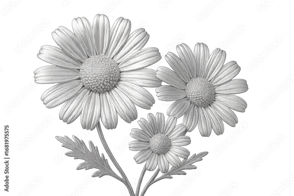 Fototapeta premium Delicate pencil-rendered chamomile flowers featuring detailed stems and leaves, transparent backdrop, suitable for graphic design work