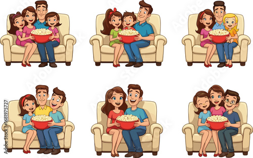 Families and couples watching movies, cartoon style, popcorn, couch, bonding, fun night