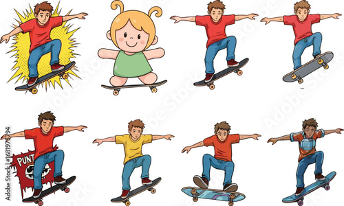 Kids skateboarding in cartoon style, tricks, action, fun, energy, youth, sport