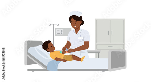 Compassionate Black Nurse Administering Care to Young Patient.