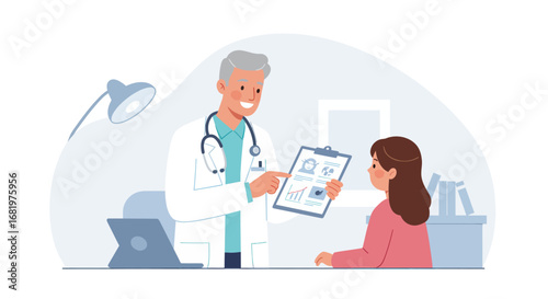 Friendly male doctor with a stethoscope explaining medical results on a clipboard to a female patient during a clinic consultation.