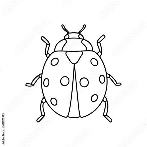 Black and white illustration of a ladybug in line art style doodle icon, simple hand-drawn outline, minimal line art, isolated on white
