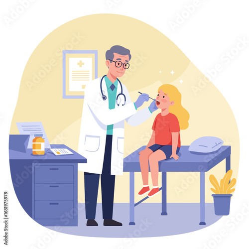Pediatrician Examining Young Girls Throat with Tongue Depressor.